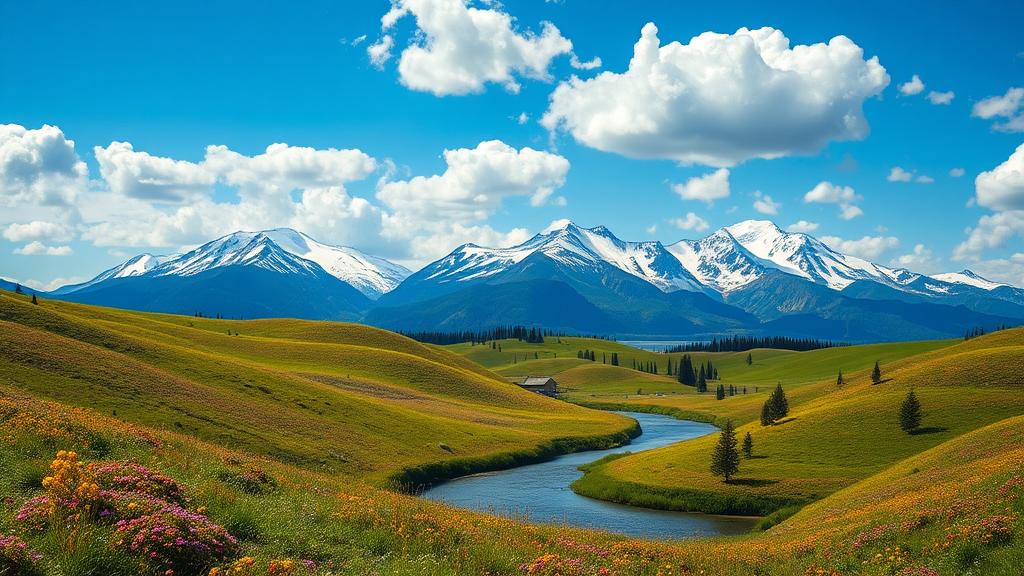 Vibrant wildflowers and snow-capped mountains under blue sky.