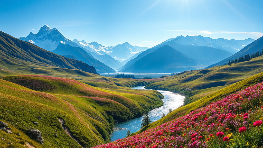 Vibrant wildflowers in serene landscape with majestic mountains