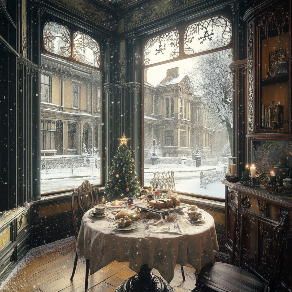 Victorian Christmas kitchen with decorated table, snowy street view.