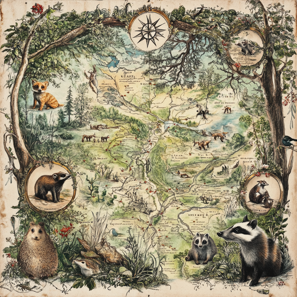 Victorian Map with Magical Woodland and Animal Illustrations