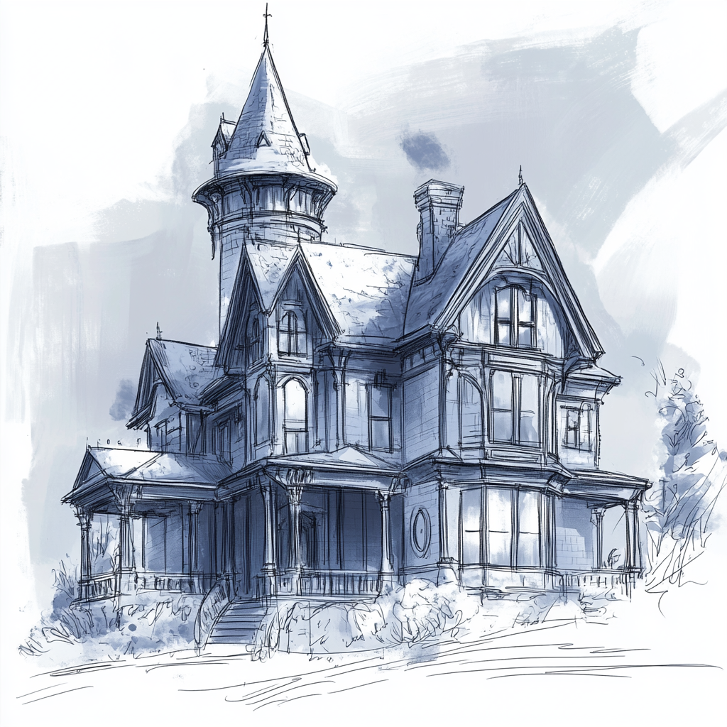 Victorian Shorecliff Manor Sketch: Blue-Grey Exterior with Tower