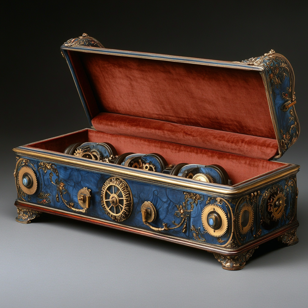 Victorian coffin with blue lid, silk lining, gears