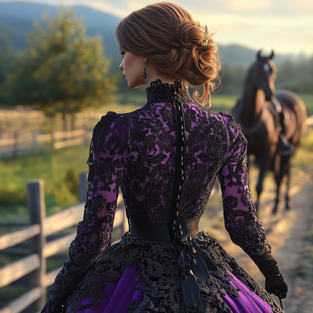 Victorian woman in lace dress on horse ranch