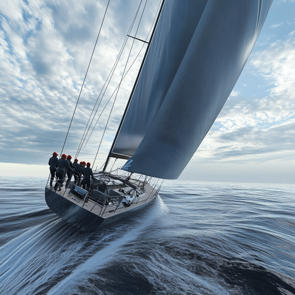 View of Sailboat in Regatta with Balancing Sailors