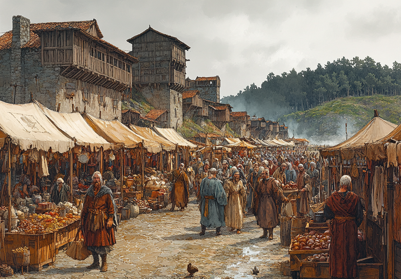 Viking market square in Brazil, 1540's: Detailed illustration