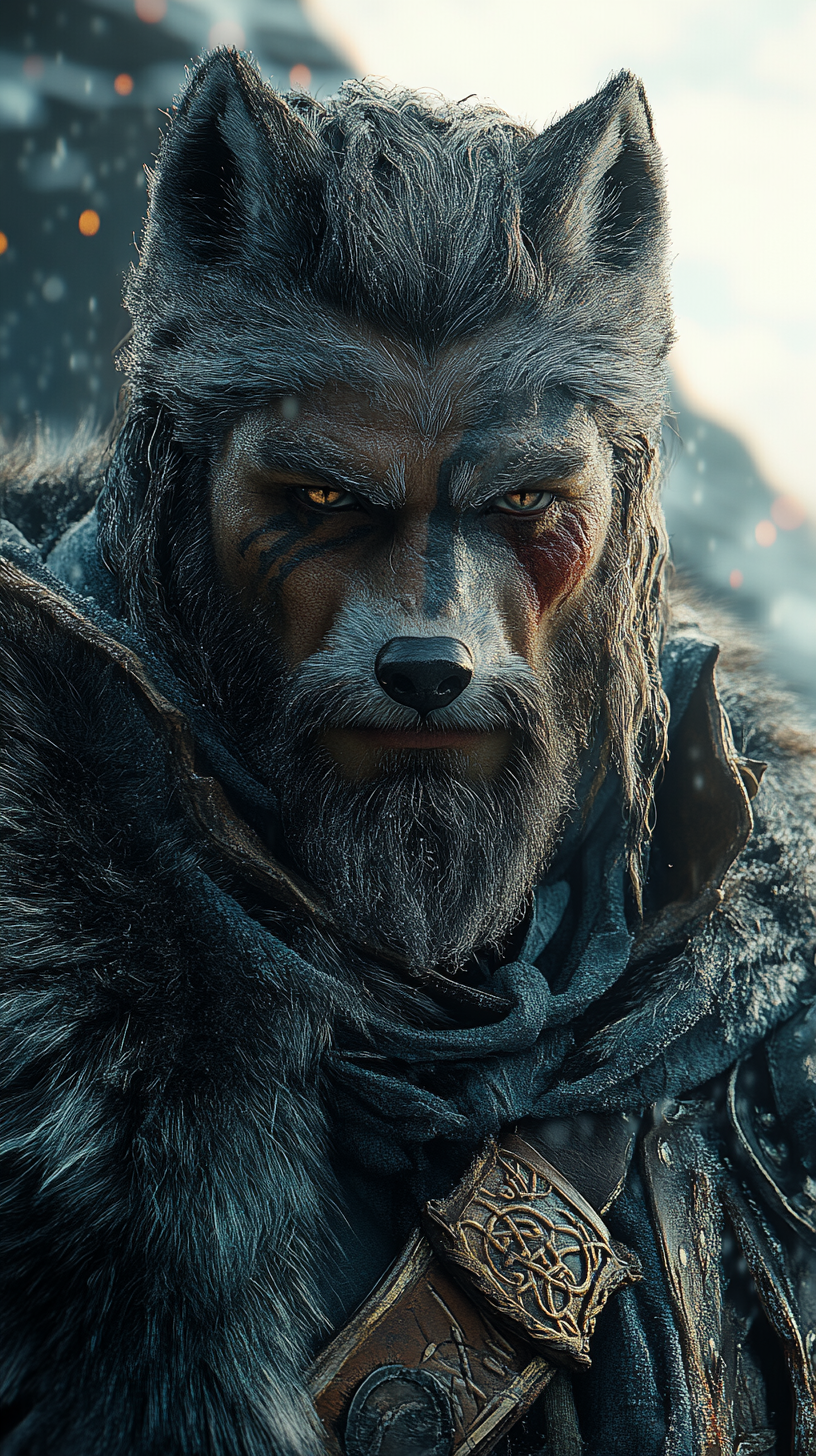 Viking warrior with Arctic fox head in snowy landscape