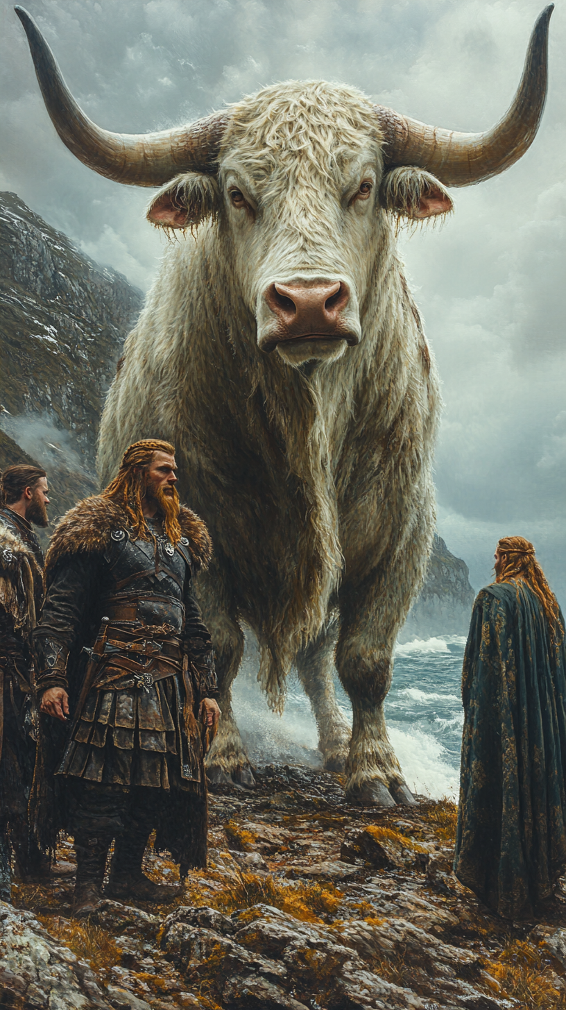 Viking warrior with bull head on misty mountain