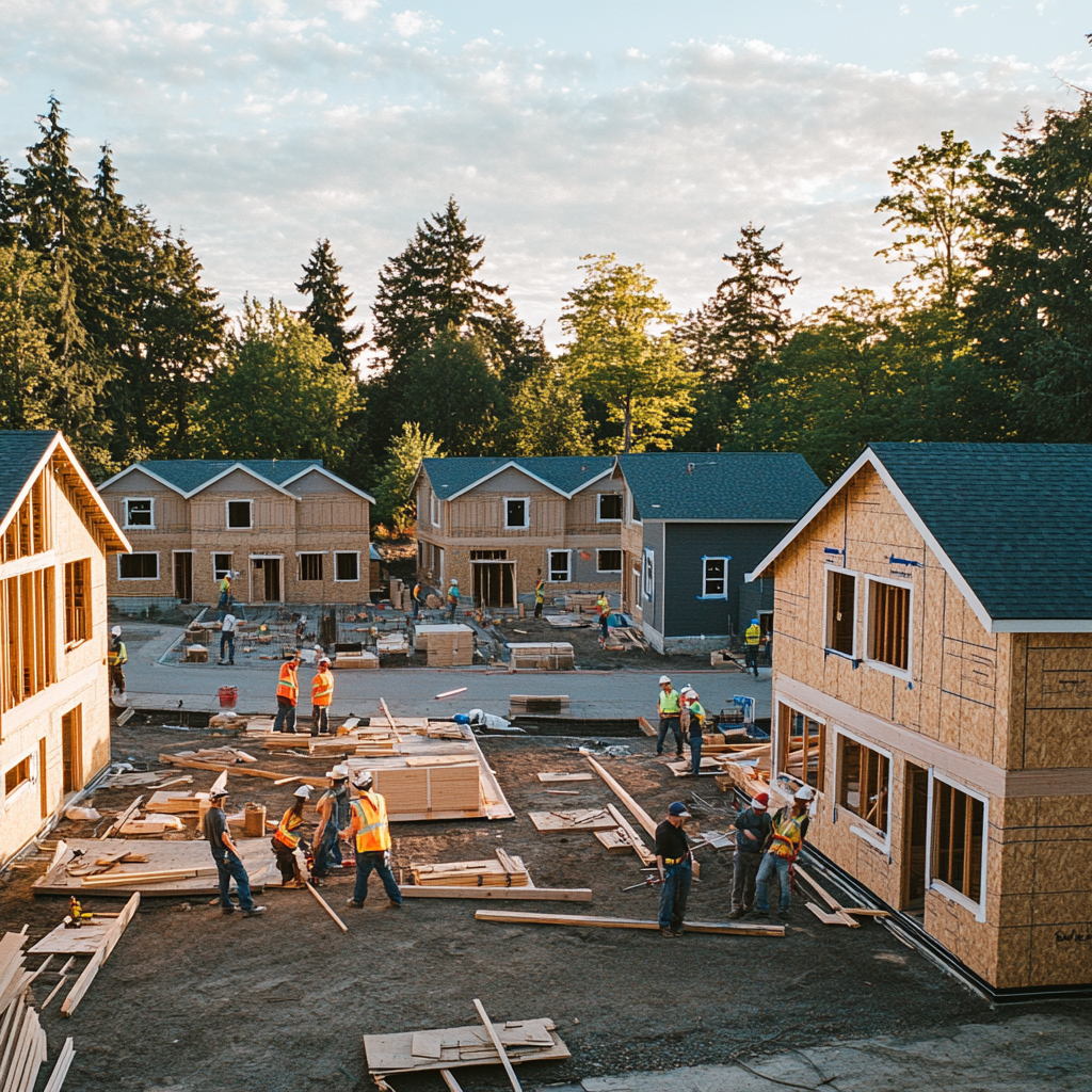 Village building together, pink tones, community effort, construction site