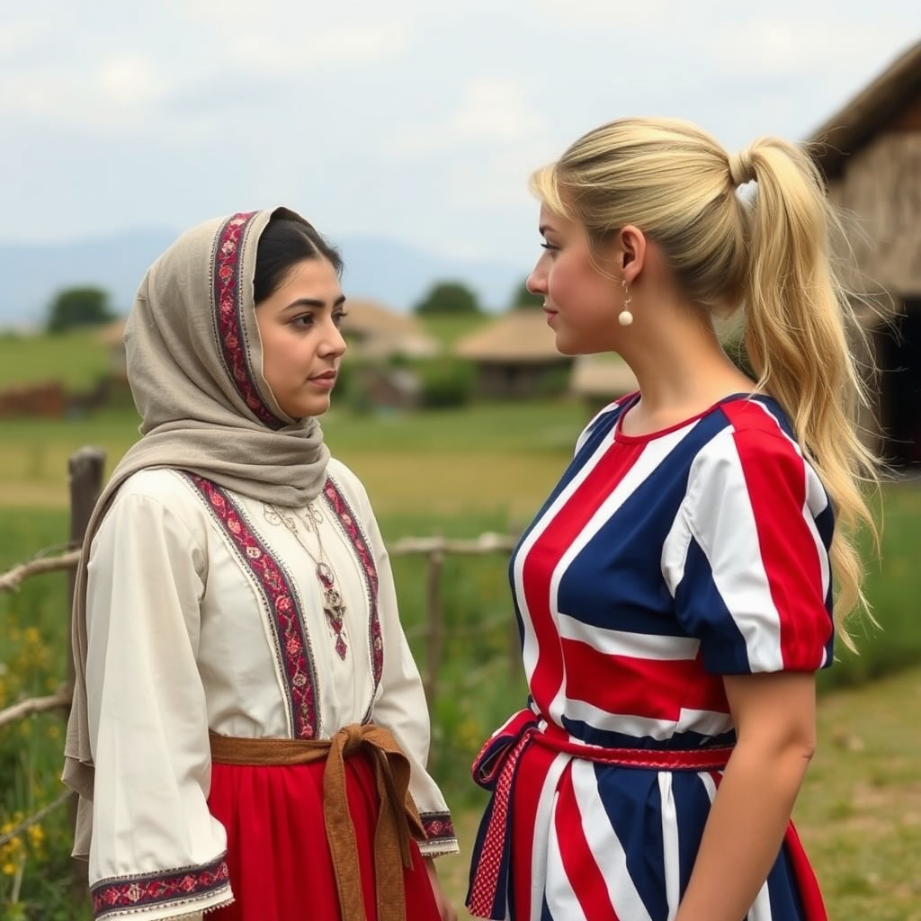 Village girls in different dresses talk and share.