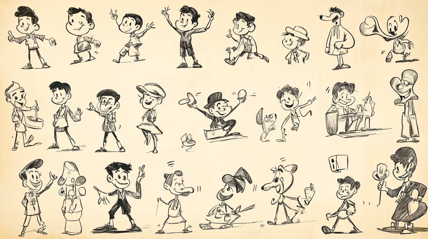 Vintage 1950s cartoon character sheet with funny poses