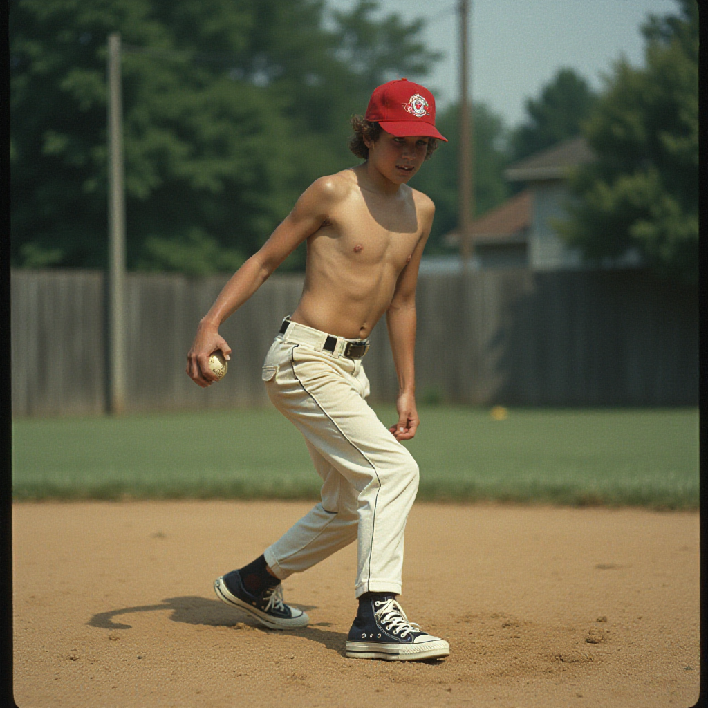 Vintage 1980s Teen Playing Baseball in Suburb