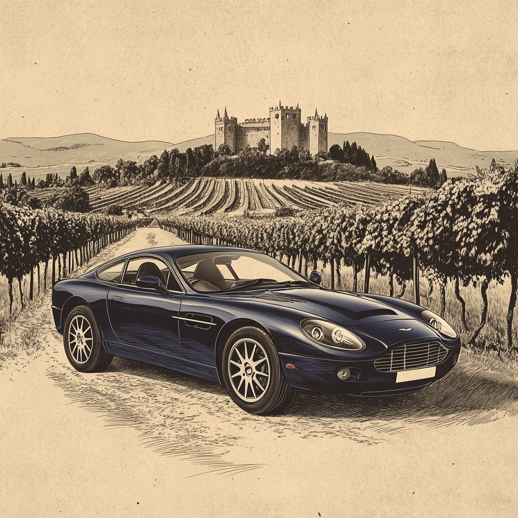 Vintage Aston Martin in Vineyard with Castle Background