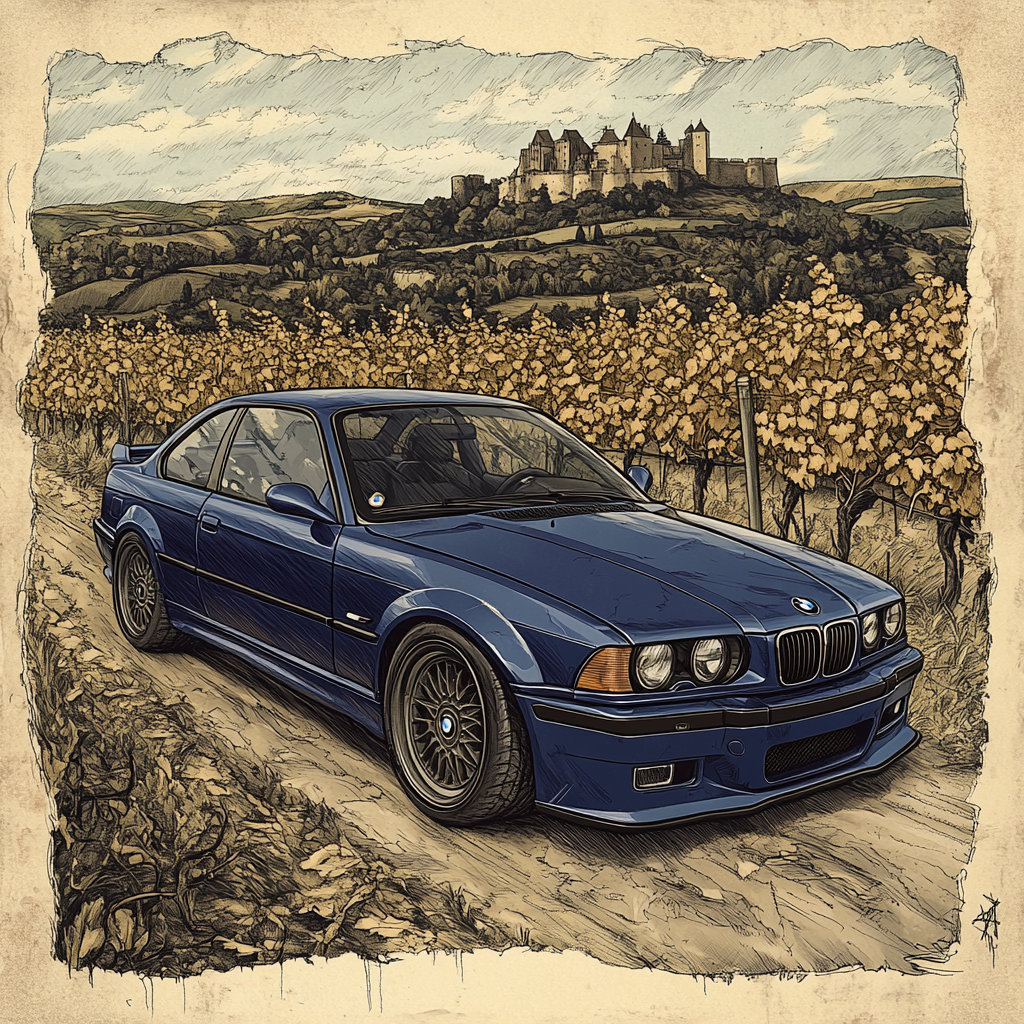 Vintage BMW M3 (E36) in Sepia Vineyard Scene