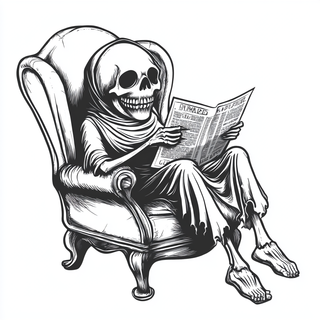 Vintage Cartoon Grim Reaper Reading Newspaper in Recliner