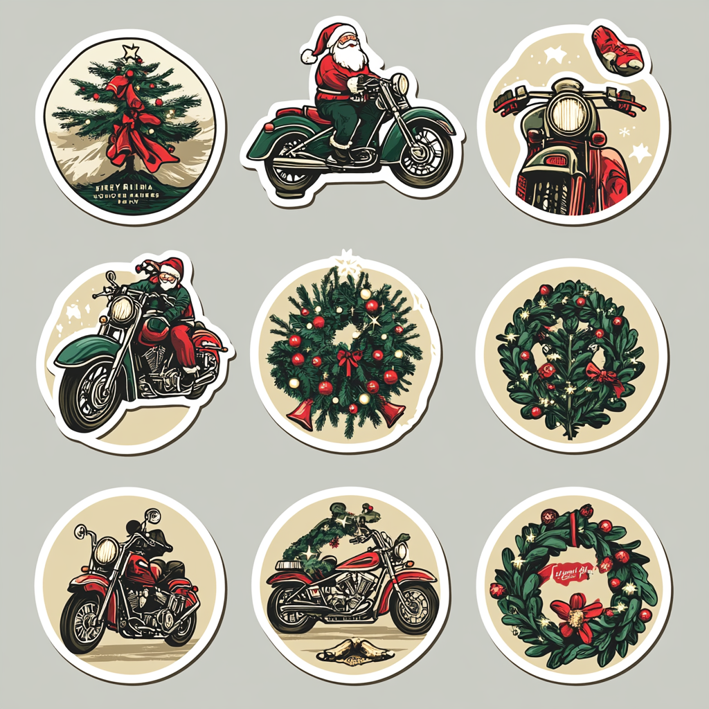 Vintage Christmas stickers for motorcyclists with festive nostalgia
