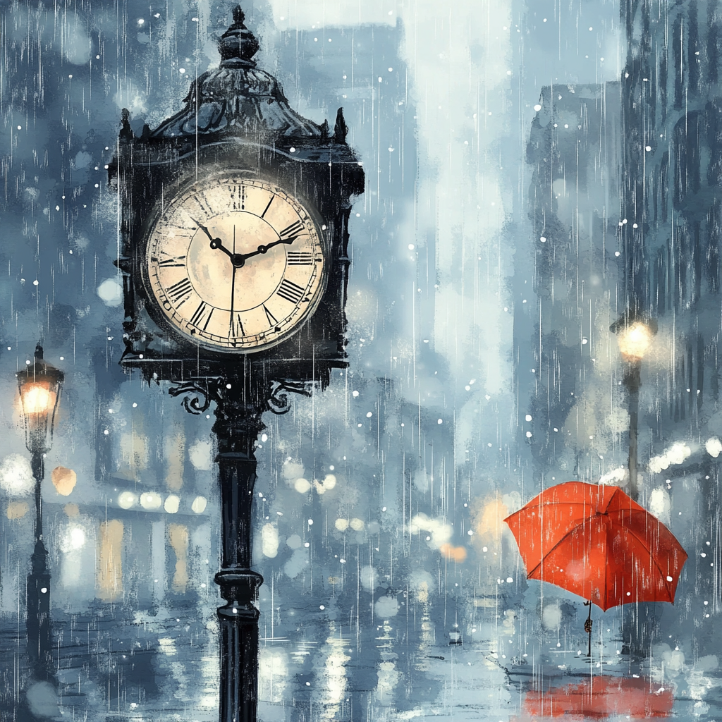 Vintage Clock in Rainy Cityscape with Red Umbrella