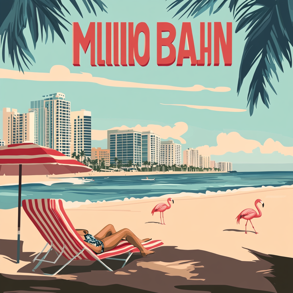 Vintage Miami Beach travel poster with pastel colors.