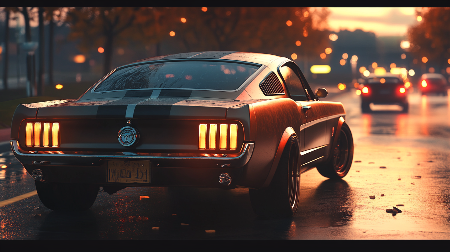 Vintage Mustang driving on road in cinematic scene, 4k.