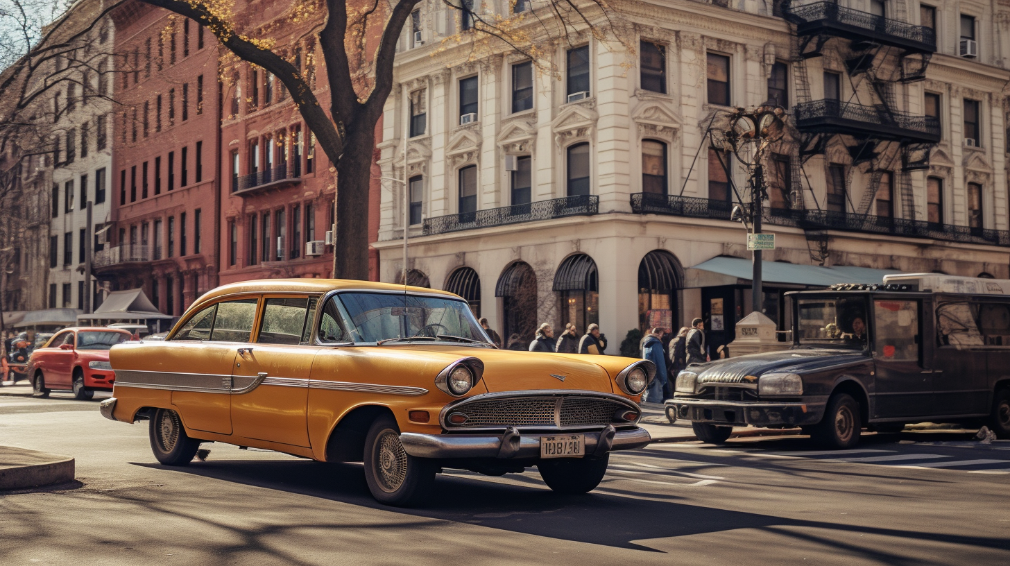 Vintage New York City Square with Cars and Buildings.