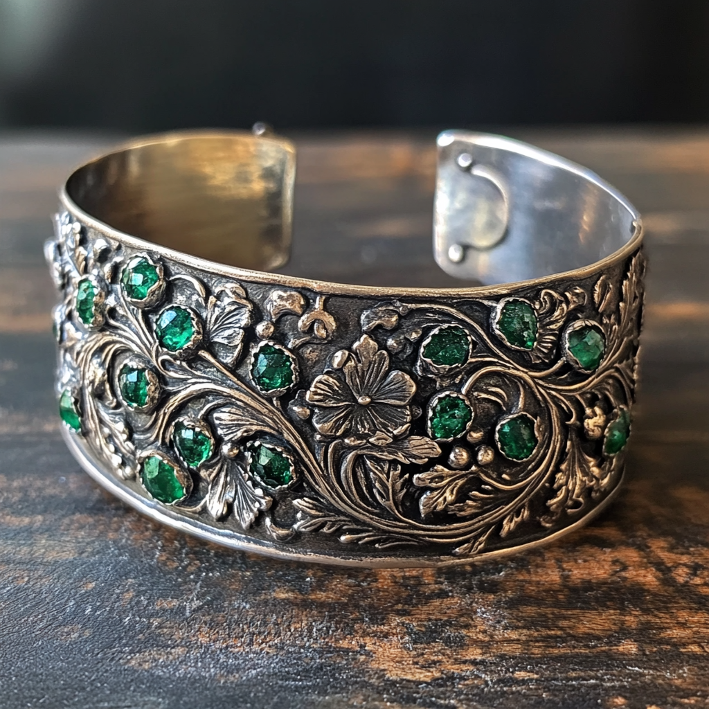 Vintage Silver Bracelet with Emeralds and Engravings