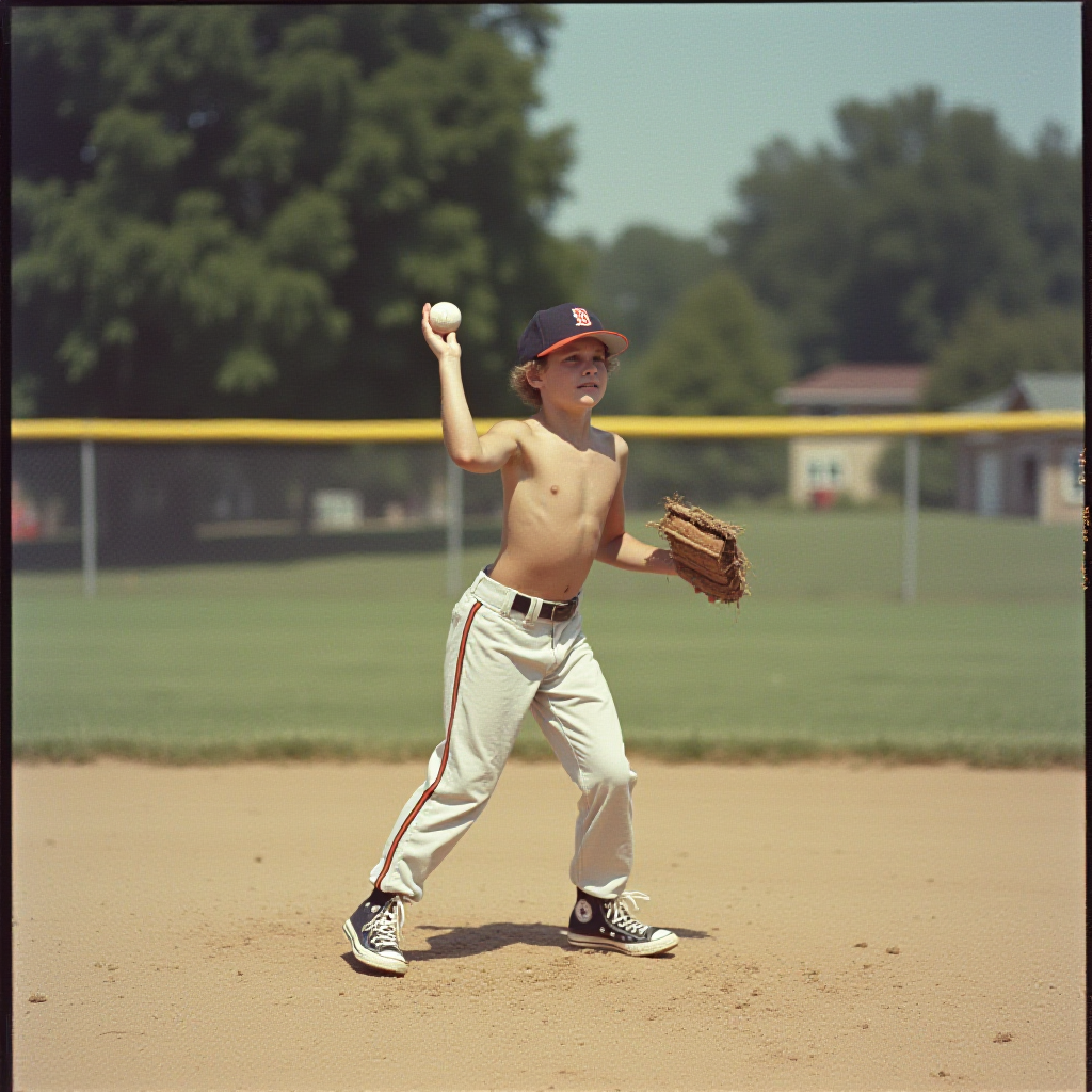 Vintage Summer Baseball Game in 1980s Suburb