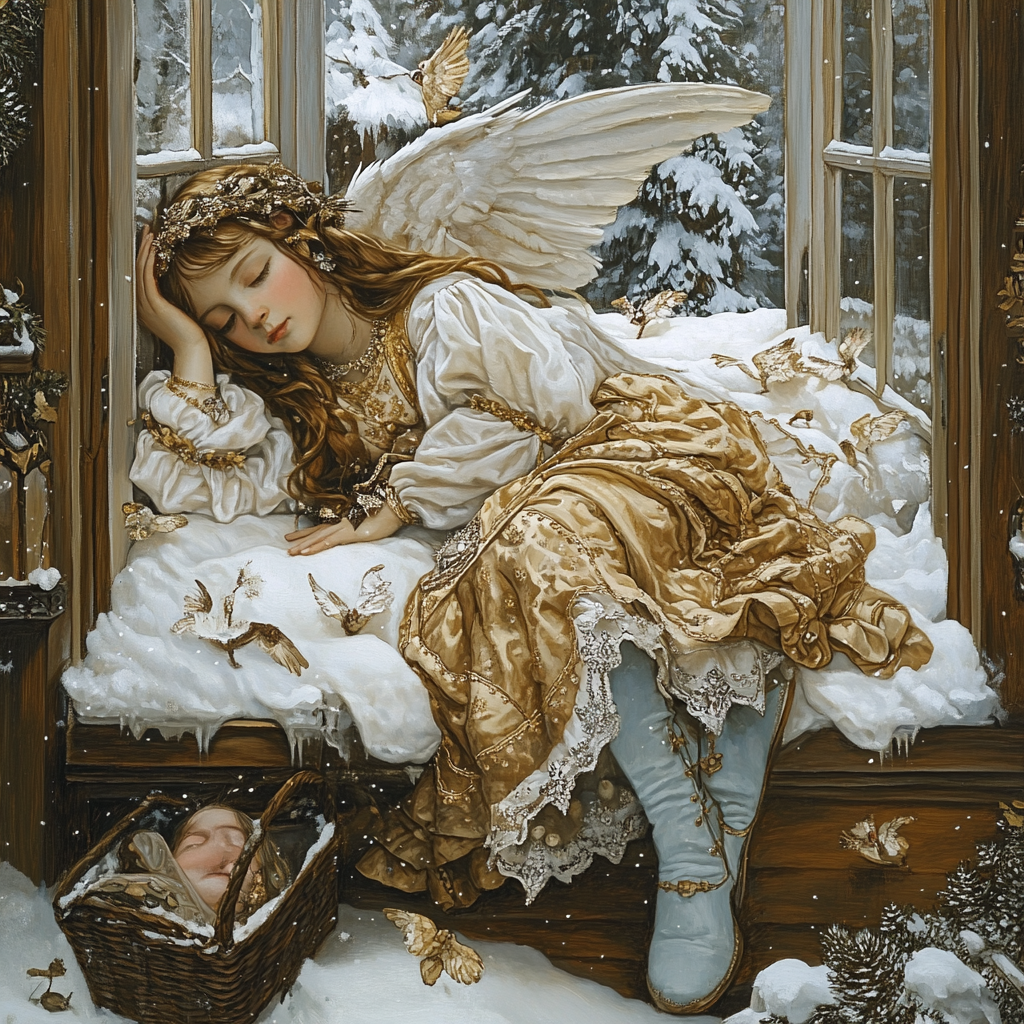 Vintage angel in blue watches child in snow