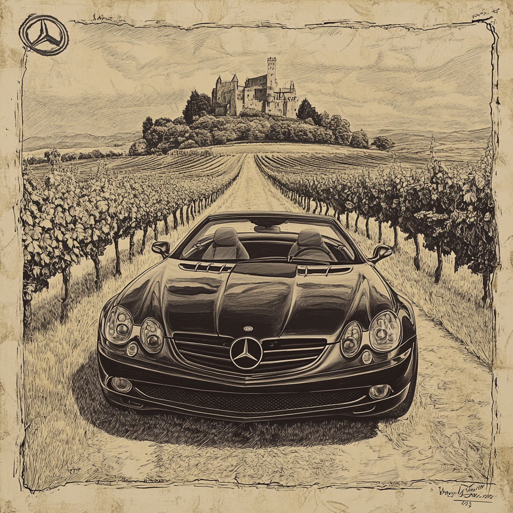 Vintage black Mercedes-Benz SL600 in vineyard setting.