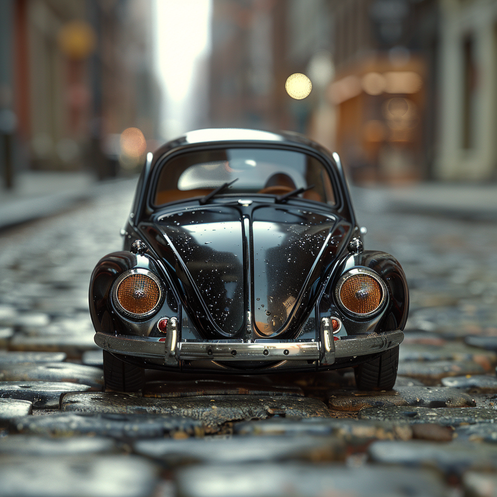 Vintage black toy car with determined expression, cobblestone background.