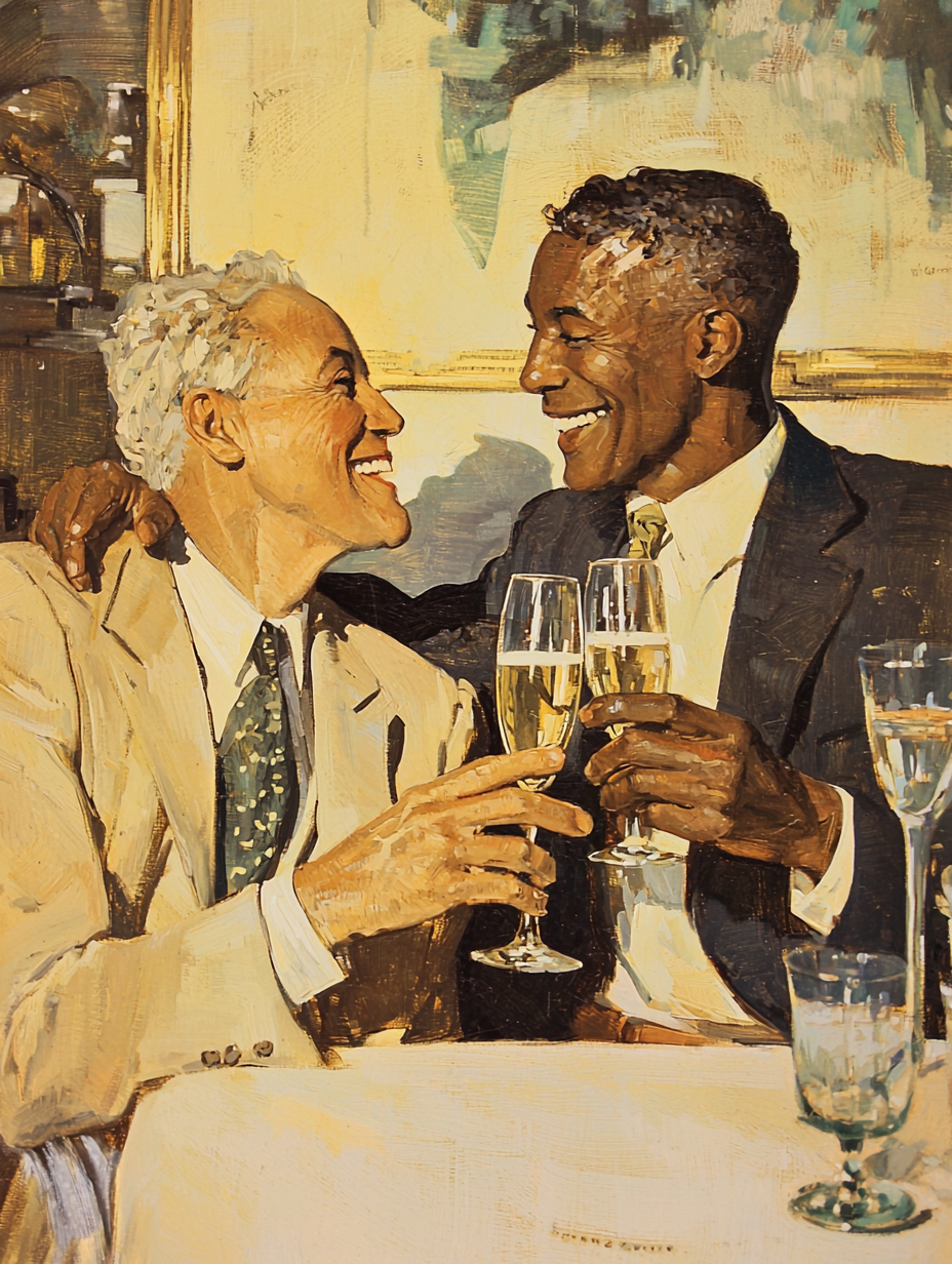Vintage book cover featuring gay senior couple, Champagne celebration.