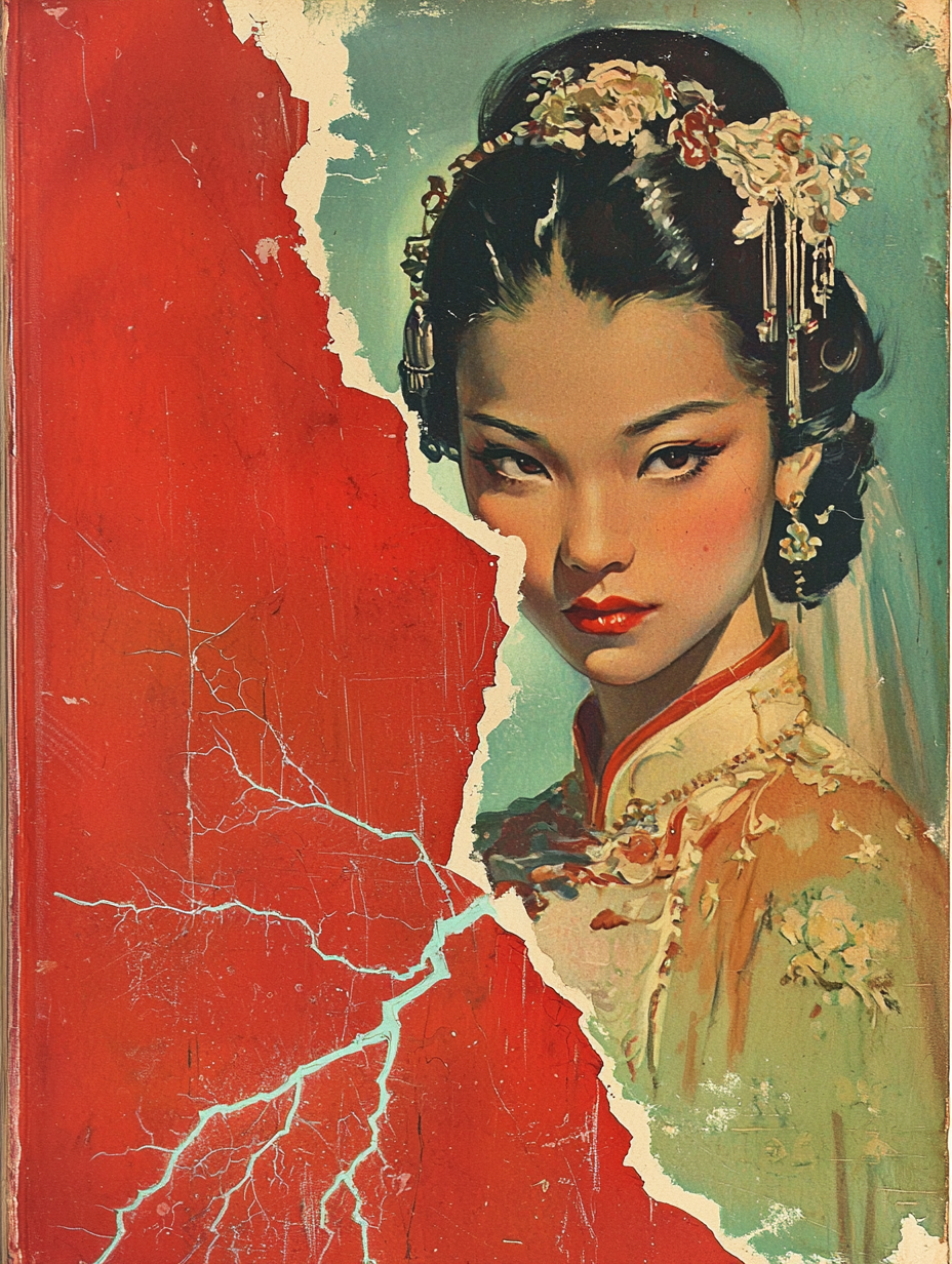 Vintage book cover split page Asian bride and groom.