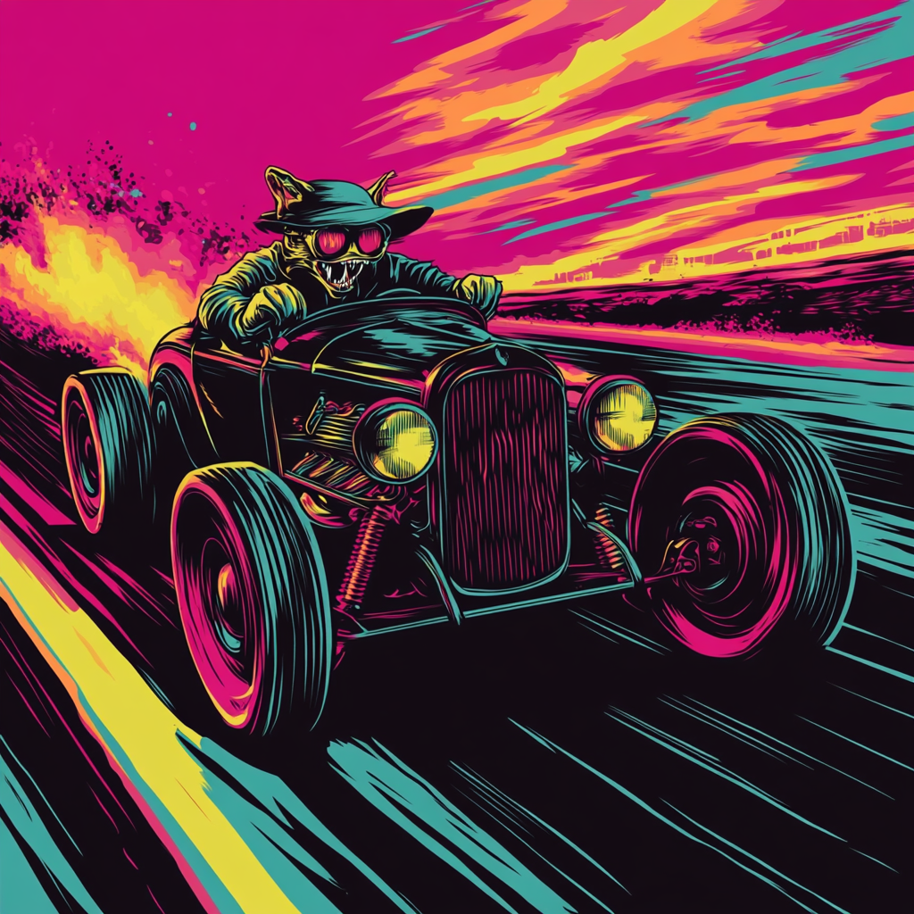 Vintage comic Rat Fink in neon hot rod