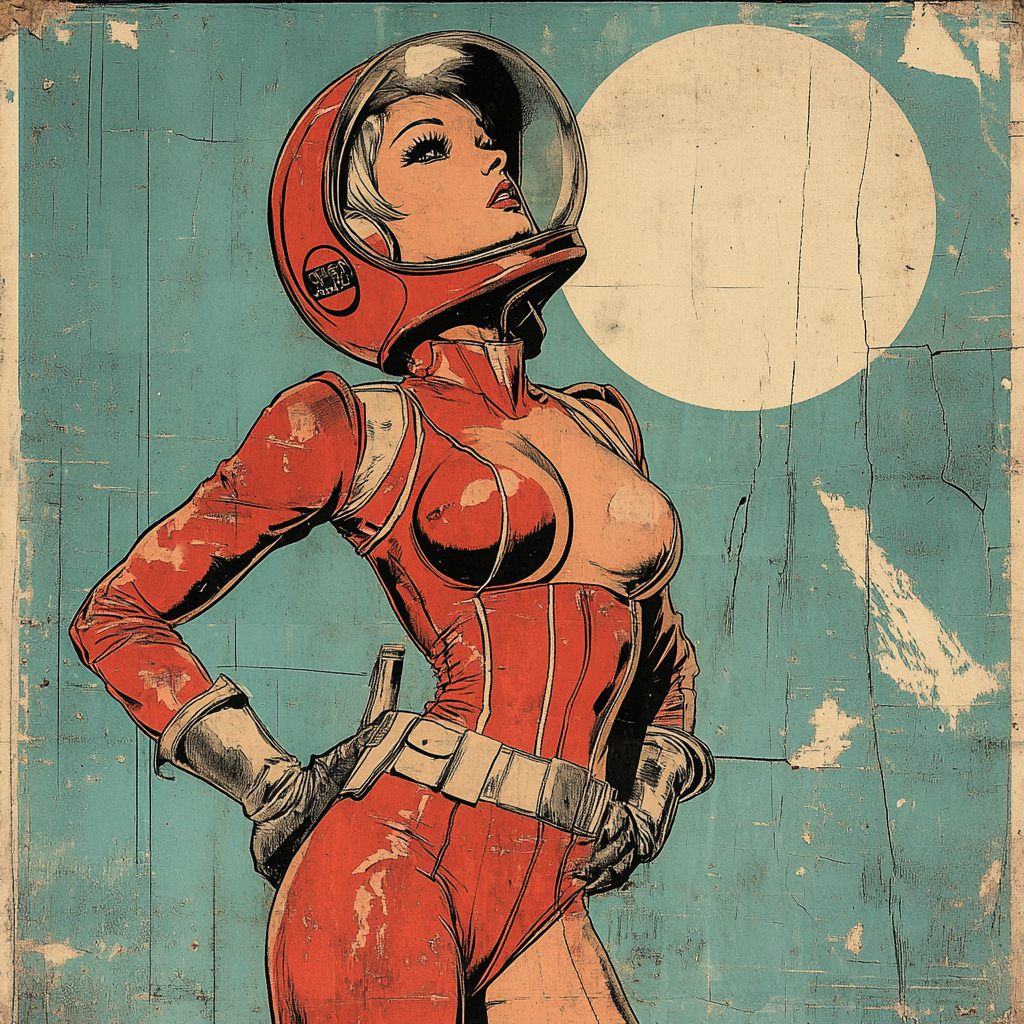 Vintage comic book female mecha pilot in helmet outfit