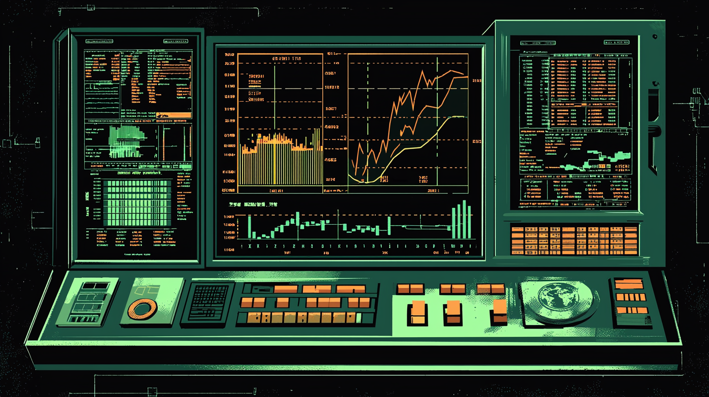 Vintage computer screen with financial data and AI icons