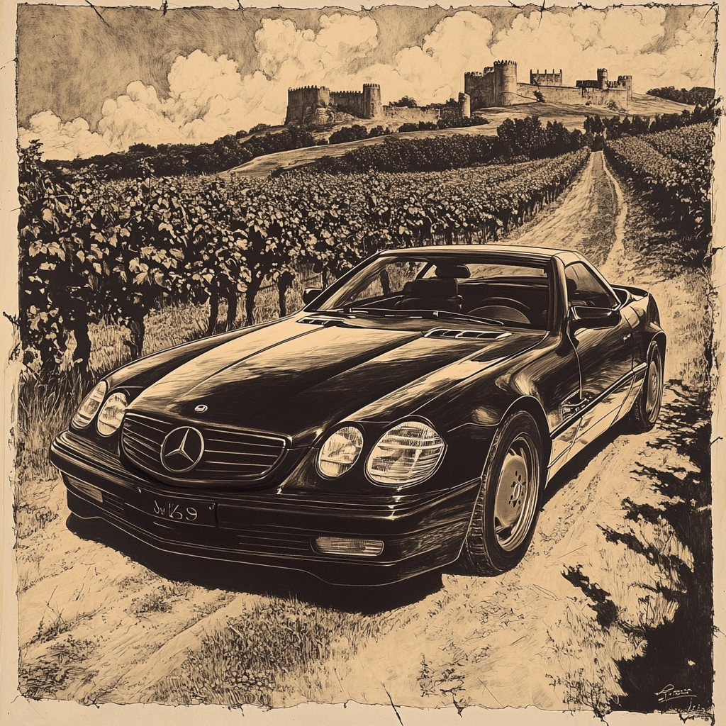 Vintage detailed drawing: Black 1995 SL600 Mercedes-Benz