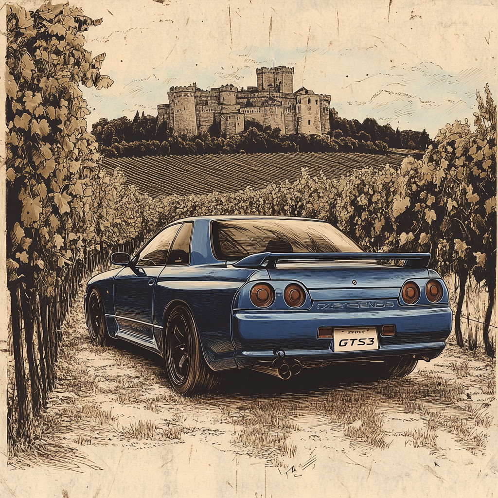 Vintage drawing of blue Nissan Skyline in vineyard