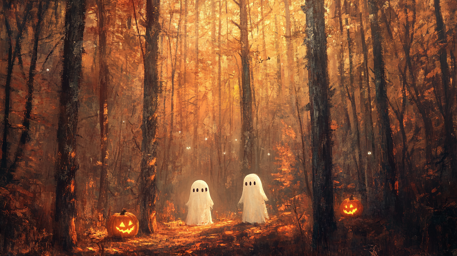 Vintage haunted forest oil painting with mist, fireflies, ghosts