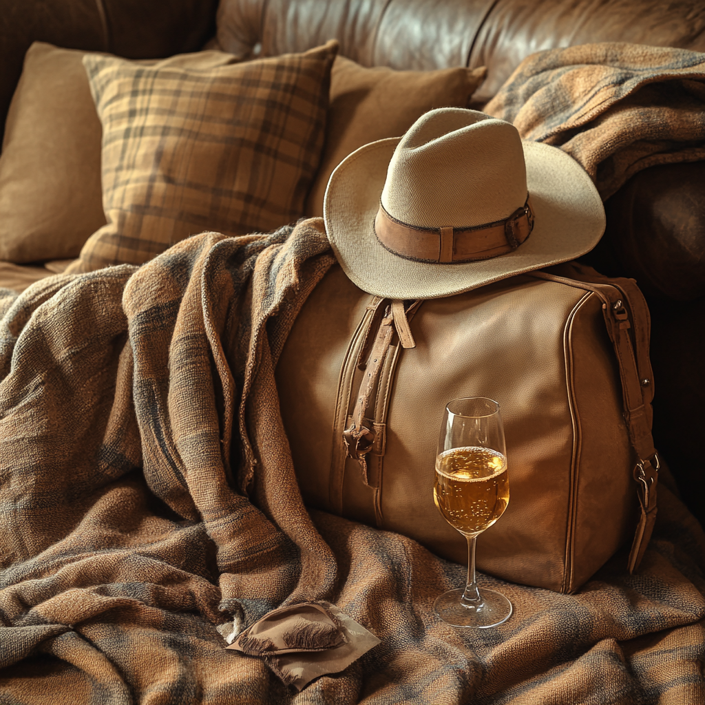 Vintage image with brown blanket, cowgirl hat, duffel bag, champagne.