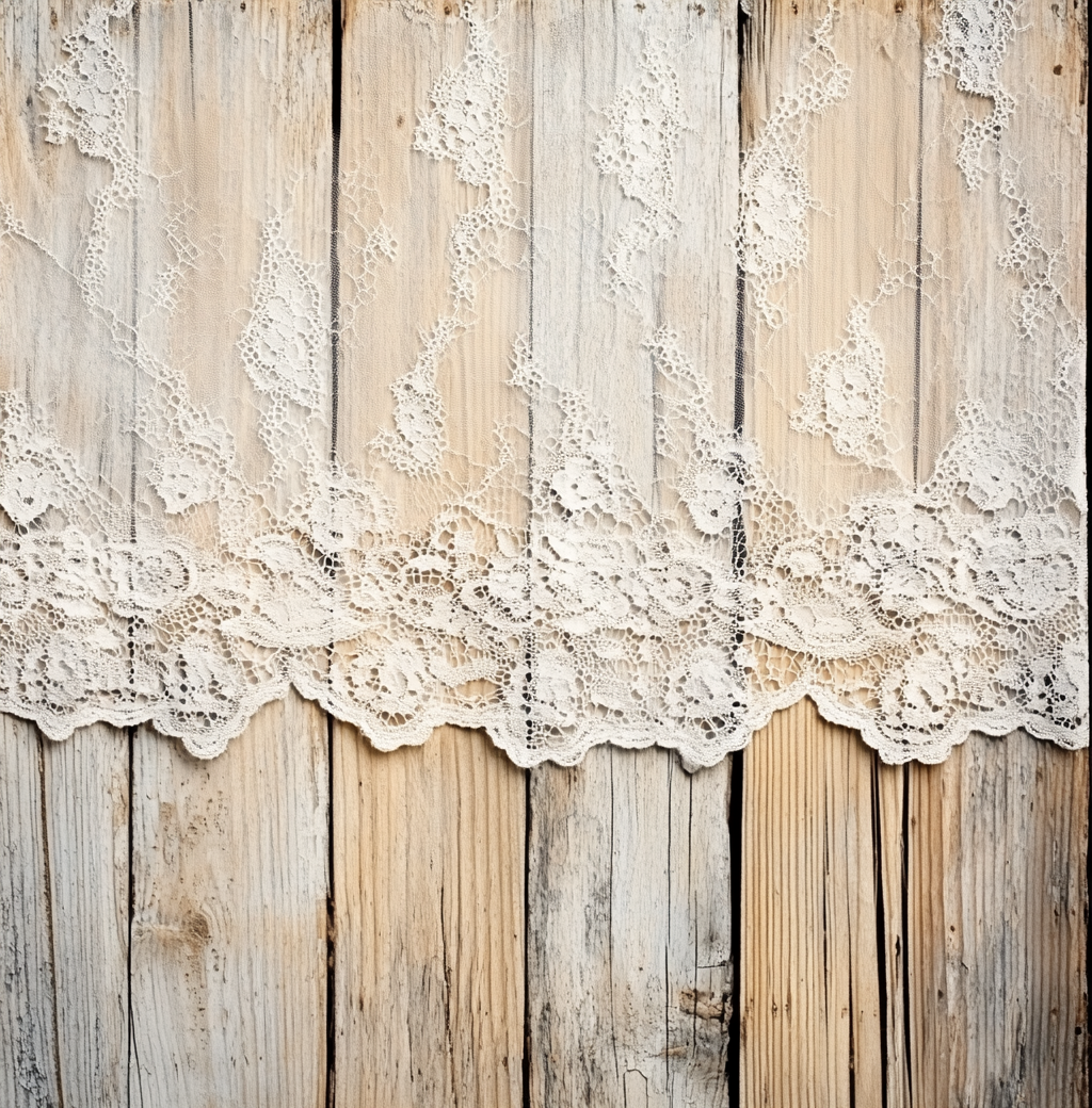 Vintage lace panels on rustic wood background