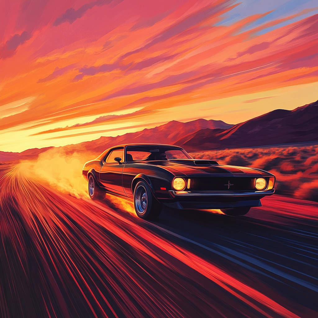 Vintage muscle car speeding on desert highway, retro style.