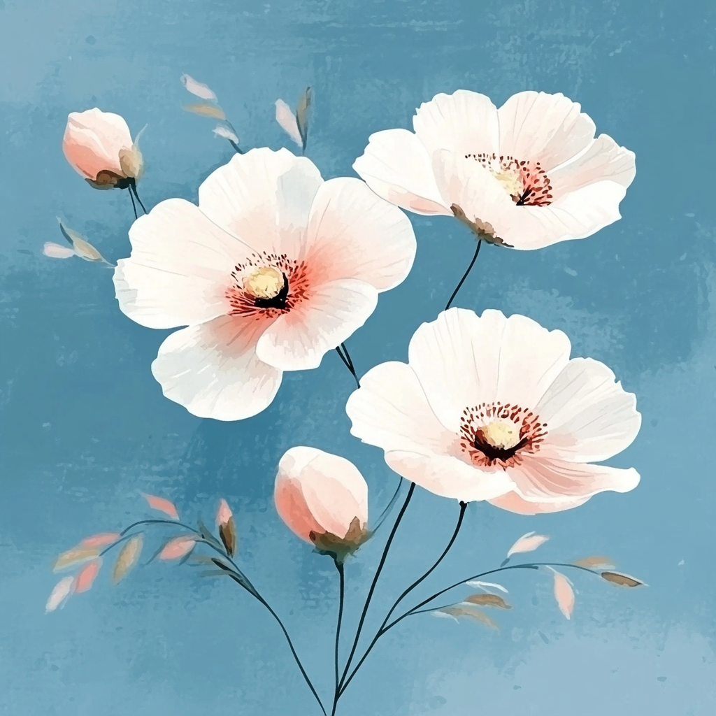 Vintage painting of white and pink flowers on blue