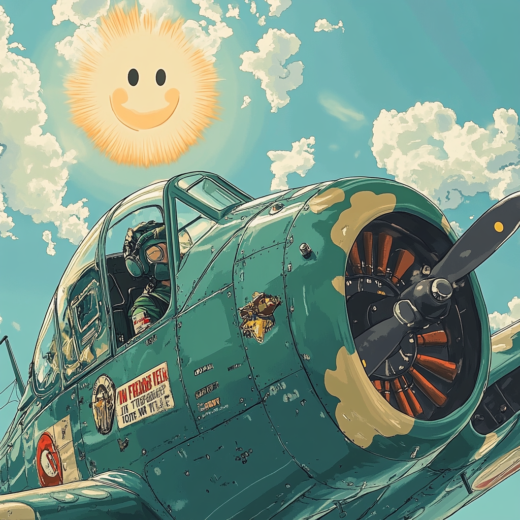 Vintage plane in sky with whimsical sun.