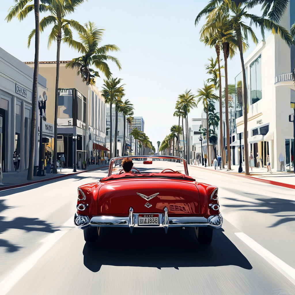 Vintage red car on Rodeo Drive - A Scene of Classic Luxury