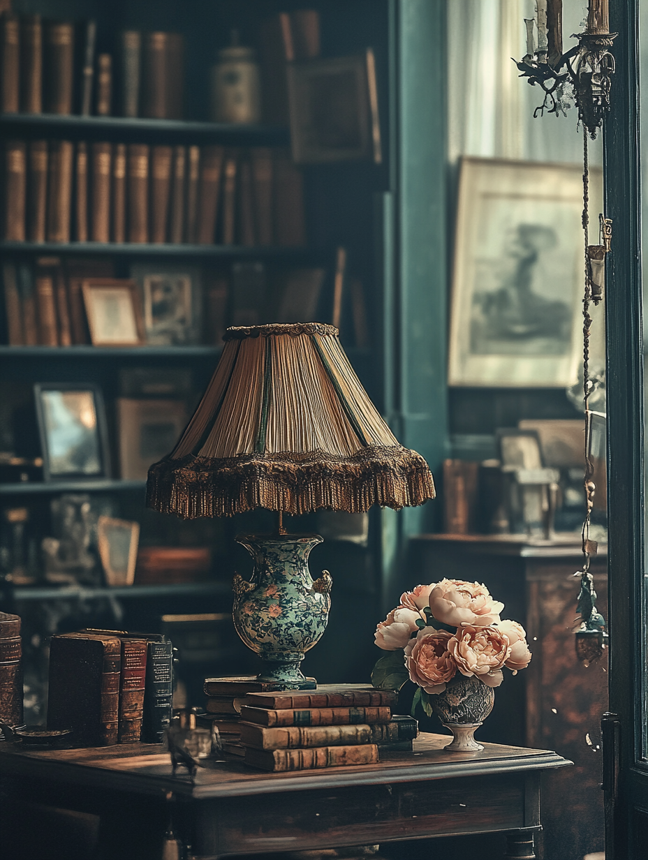 Vintage room with antique items and warm tones.