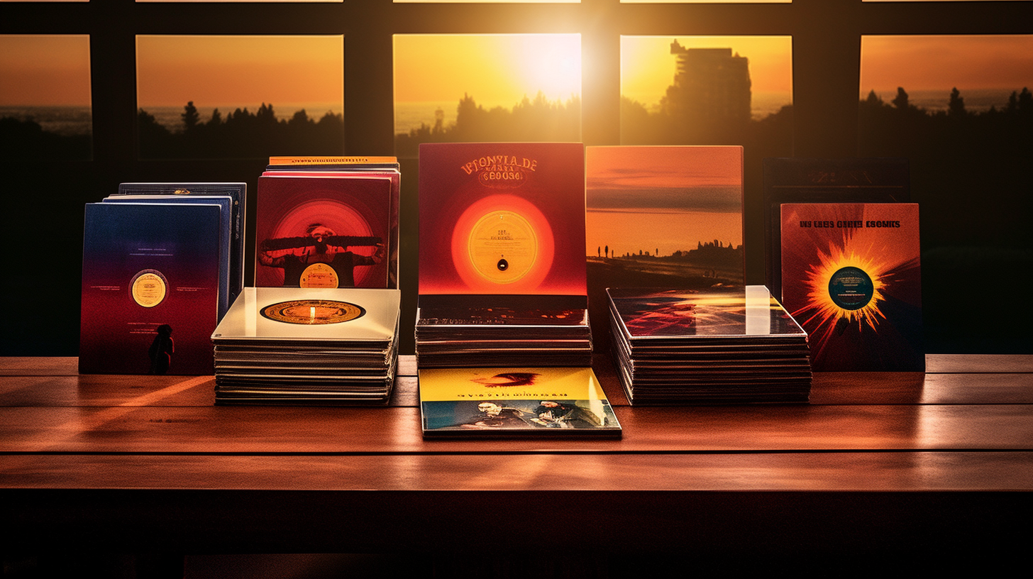 Vintage vinyl records on wooden table with warm lighting.