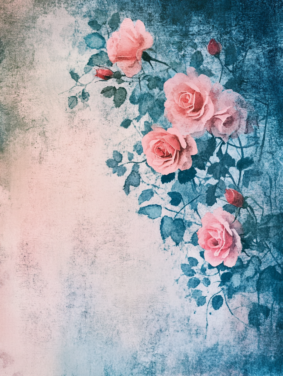 Vintage watercolor blue and pink floral background pattern
