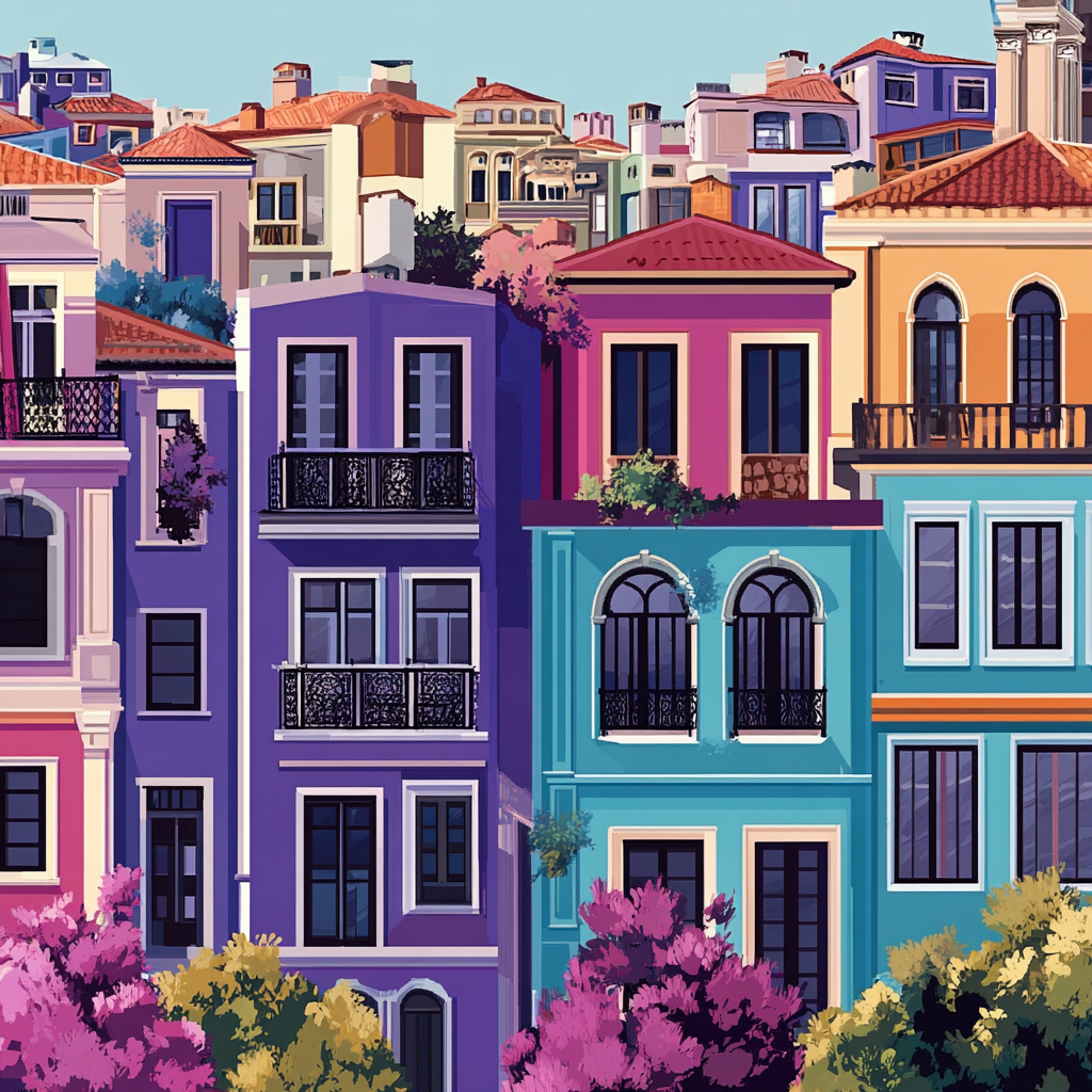 Vivid, high-resolution artwork of Karakoy streets, Turkish elements.