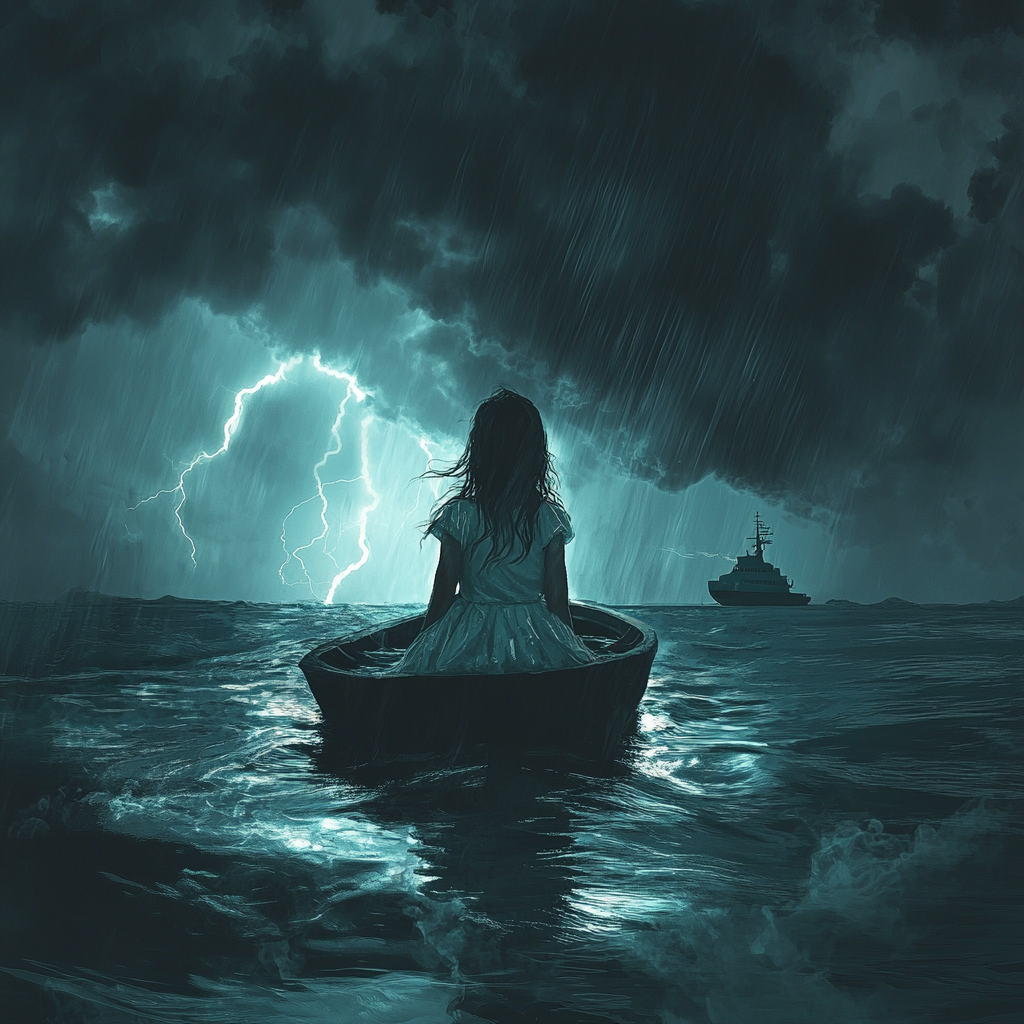 Vulnerable Girl Struggling in Ocean's Stormy Darkness