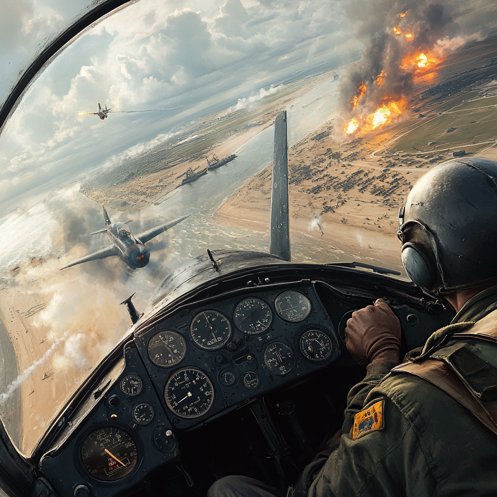 WWII scene with BF109 on strafing run at Dunkirk.