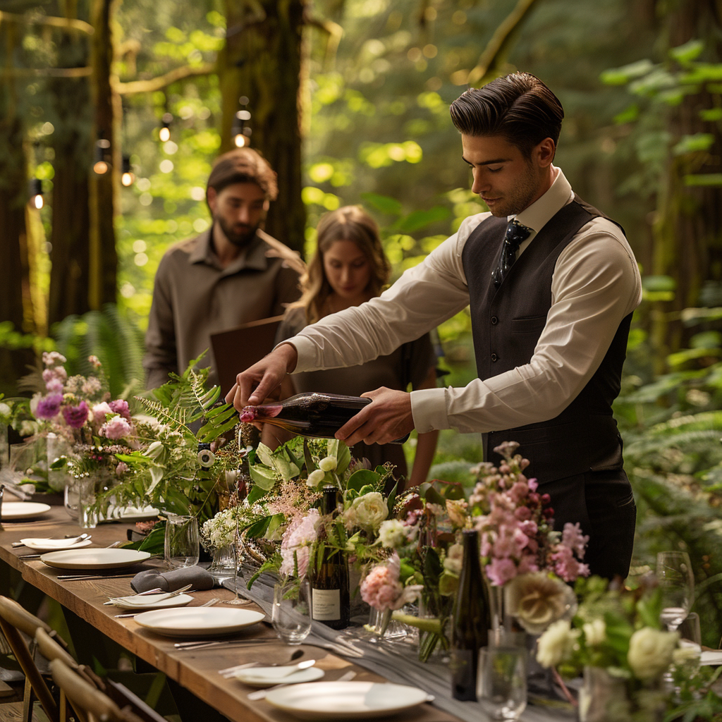 Waitstaff pouring drinks for corporate guests in forest dinner