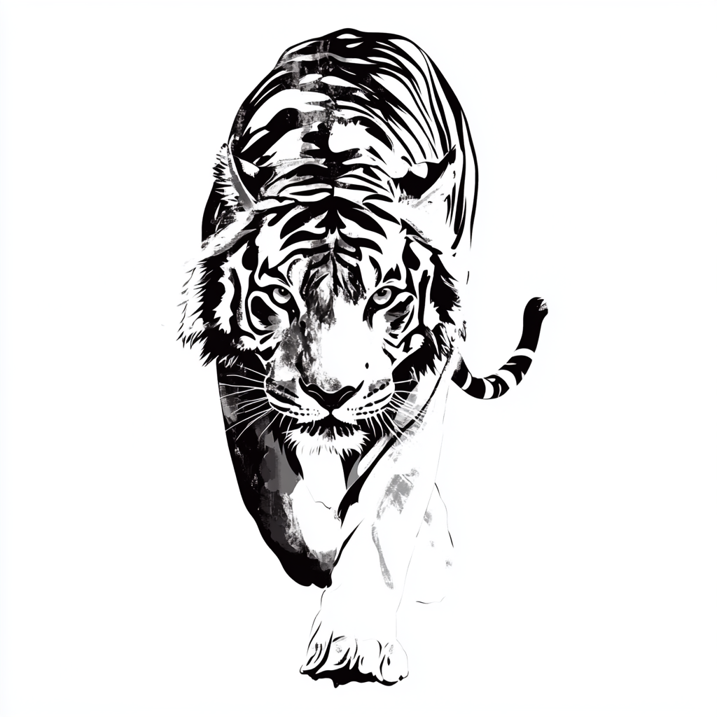 Walking tiger sketch in black and white